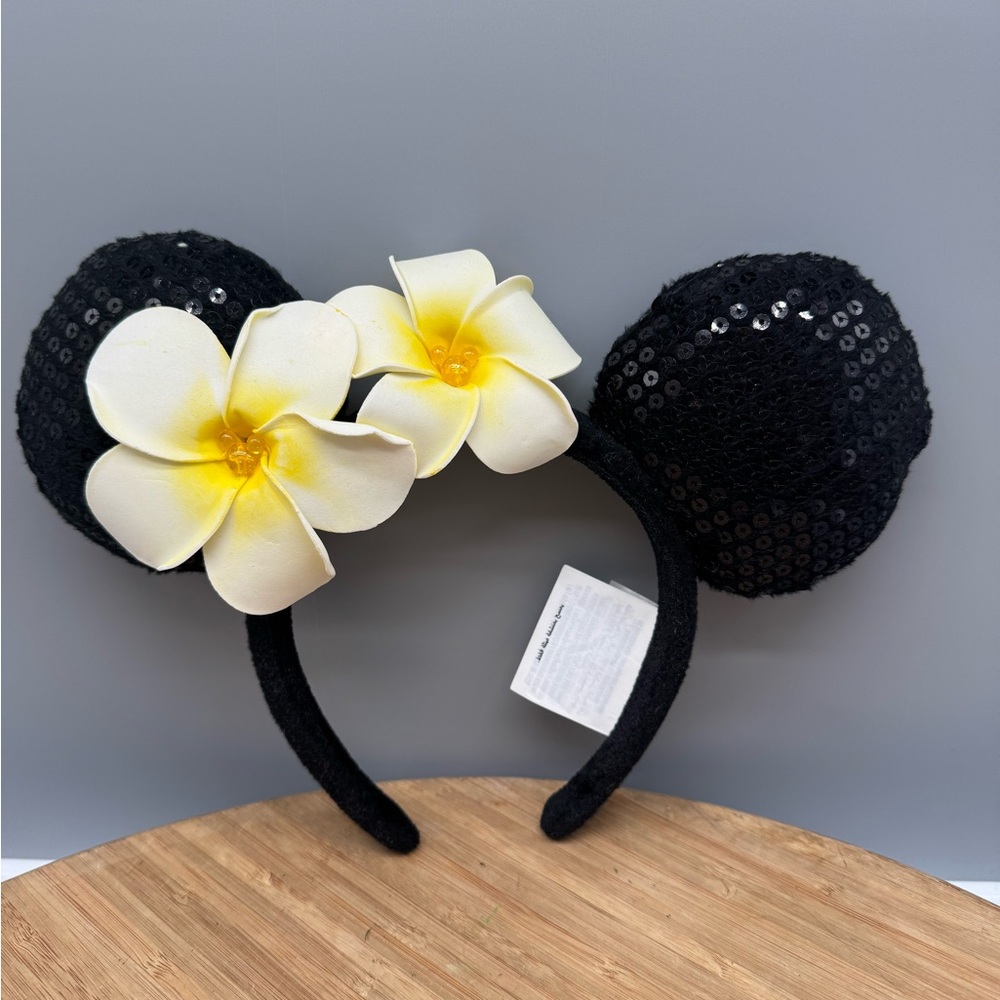 Disney Parks Aulani Resort Plumeria Black Sequin Minnie Ears
